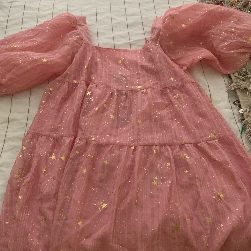Nasty Gal pink mini puff sleeve gold star dress with tags
